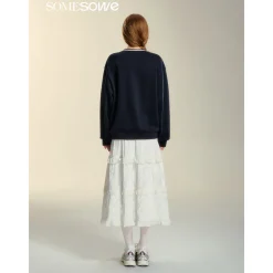 SomeSowe Lace Badge V-Neck Sweatshirt Navy Blue