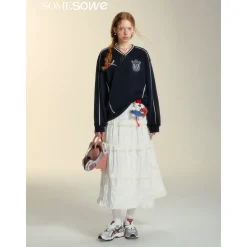 SomeSowe Lace Badge V-Neck Sweatshirt Navy Blue