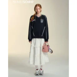 SomeSowe Lace Badge V-Neck Sweatshirt Navy Blue