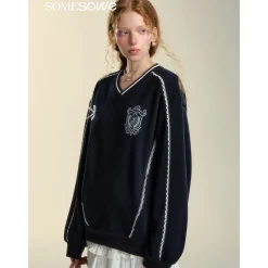 SomeSowe Lace Badge V-Neck Sweatshirt Navy Blue