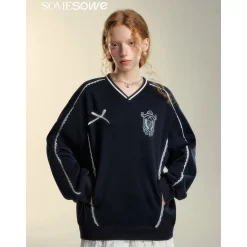 SomeSowe Lace Badge V-Neck Sweatshirt Navy Blue