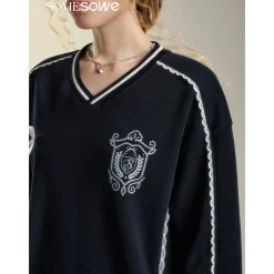 SomeSowe Lace Badge V-Neck Sweatshirt Navy Blue
