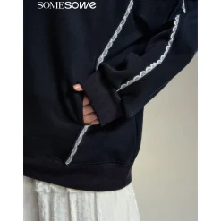 SomeSowe Lace Badge V-Neck Sweatshirt Navy Blue