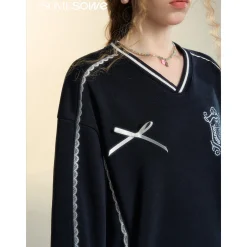 SomeSowe Lace Badge V-Neck Sweatshirt Navy Blue