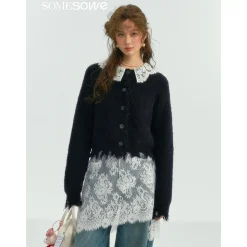 SomeSowe Lace Doll Collar Destroyed Cardigan Navy Blue