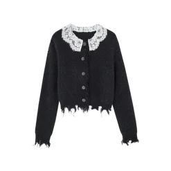 SomeSowe Lace Doll Collar Destroyed Cardigan Navy Blue