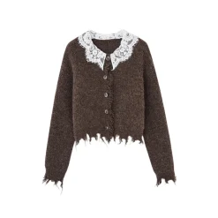 SomeSowe Lace Doll Collar Destroyed Cardigan Dark Brown