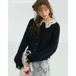 SomeSowe Lace Doll Collar Destroyed Cardigan Navy Blue