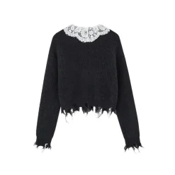 SomeSowe Lace Doll Collar Destroyed Cardigan Navy Blue