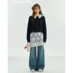 SomeSowe Lace Doll Collar Destroyed Cardigan Navy Blue