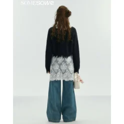 SomeSowe Lace Doll Collar Destroyed Cardigan Navy Blue