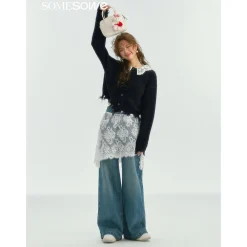 SomeSowe Lace Doll Collar Destroyed Cardigan Navy Blue