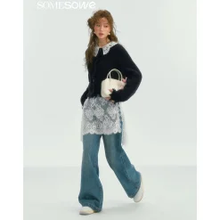 SomeSowe Lace Doll Collar Destroyed Cardigan Navy Blue