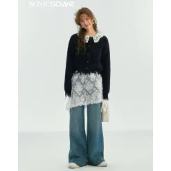 SomeSowe Lace Doll Collar Destroyed Cardigan Navy Blue