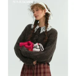 SomeSowe Lace Doll Collar Destroyed Cardigan Dark Brown