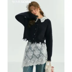 SomeSowe Lace Doll Collar Destroyed Cardigan Navy Blue