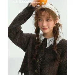 SomeSowe Lace Doll Collar Destroyed Cardigan Dark Brown