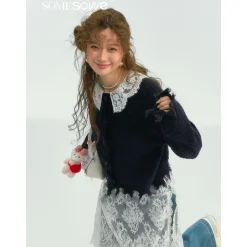 SomeSowe Lace Doll Collar Destroyed Cardigan Navy Blue