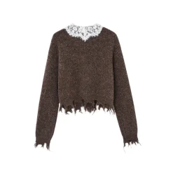 SomeSowe Lace Doll Collar Destroyed Cardigan Dark Brown