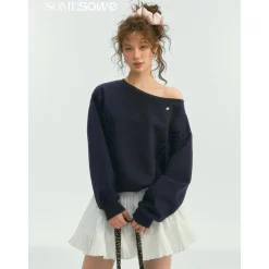 SomeSowe Lace Edge Boat Neck Casual Sweatshirt Navy Blue