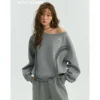 SomeSowe Lace Edge Boat Neck Casual Sweatshirt Gray