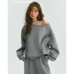 SomeSowe Lace Edge Boat Neck Casual Sweatshirt Gray