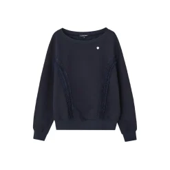 SomeSowe Lace Edge Boat Neck Casual Sweatshirt Navy Blue