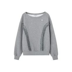 SomeSowe Lace Edge Boat Neck Casual Sweatshirt Gray
