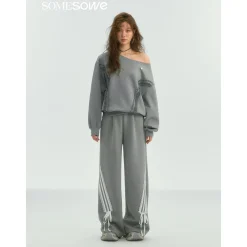 SomeSowe Lace Edge Boat Neck Casual Sweatshirt Gray