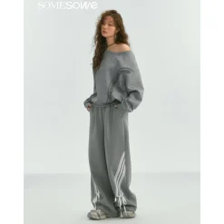 SomeSowe Lace Edge Boat Neck Casual Sweatshirt Gray