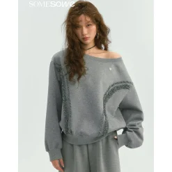 SomeSowe Lace Edge Boat Neck Casual Sweatshirt Gray
