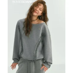SomeSowe Lace Edge Boat Neck Casual Sweatshirt Gray