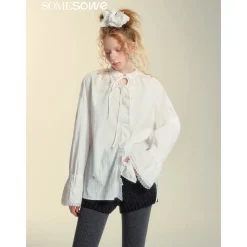SomeSowe Lace Edge Jacquard Lace Up Top White