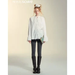 SomeSowe Lace Edge Jacquard Lace Up Top White