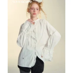 SomeSowe Lace Edge Jacquard Lace Up Top White