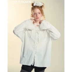 SomeSowe Lace Edge Jacquard Lace Up Top White