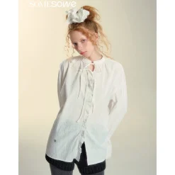 SomeSowe Lace Edge Jacquard Lace Up Top White