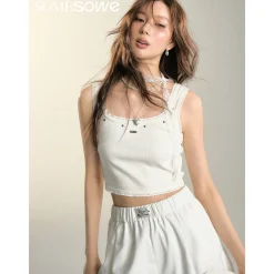 SomeSowe Lace Edge Rivet Knit Vest White