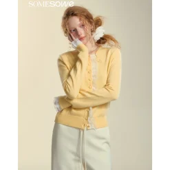 SomeSowe Lace Edge Round-Neck Knit Cardigan Yellow