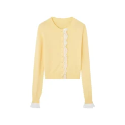 SomeSowe Lace Edge Round-Neck Knit Cardigan Yellow