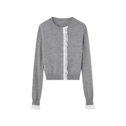 SomeSowe Lace Edge Round-Neck Knit Cardigan Gray