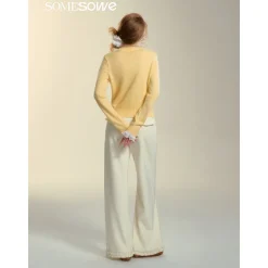 SomeSowe Lace Edge Round-Neck Knit Cardigan Yellow