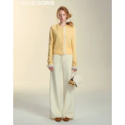 SomeSowe Lace Edge Round-Neck Knit Cardigan Yellow