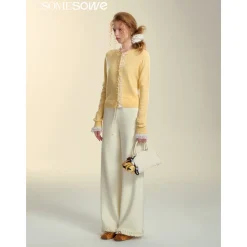SomeSowe Lace Edge Round-Neck Knit Cardigan Yellow