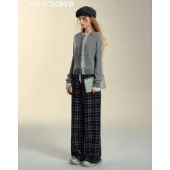 SomeSowe Lace Edge Round-Neck Knit Cardigan Gray