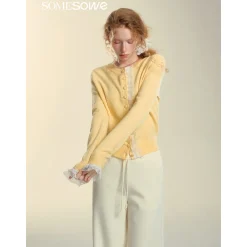 SomeSowe Lace Edge Round-Neck Knit Cardigan Yellow