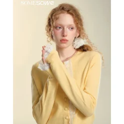 SomeSowe Lace Edge Round-Neck Knit Cardigan Yellow
