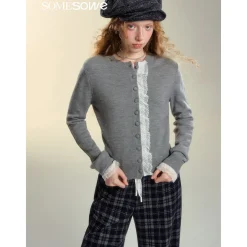 SomeSowe Lace Edge Round-Neck Knit Cardigan Gray