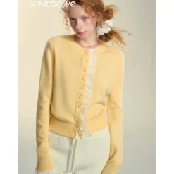 SomeSowe Lace Edge Round-Neck Knit Cardigan Yellow