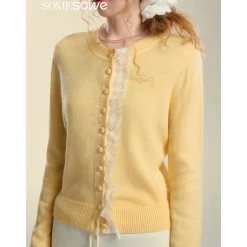 SomeSowe Lace Edge Round-Neck Knit Cardigan Yellow